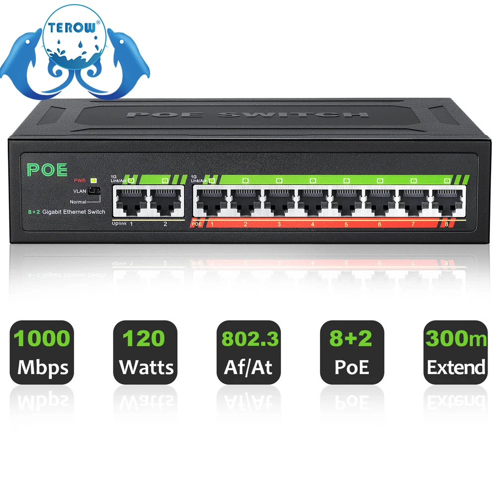 ienronlink 8 Port 100/1000Mbps POE Switch 2 Port 1000Mbps Uplink Ethernet Switch 52V 120W Bulit-in Power Supply with VLAN