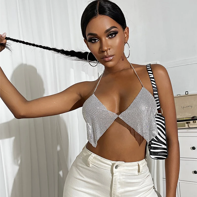 

Майка женская с открытой спиной, пикантный топ с металлической цепочкой, с глубоким V-образным вырезом, жилет ручной работы с кристаллами и бриллиантами, одежда для ночного клуба