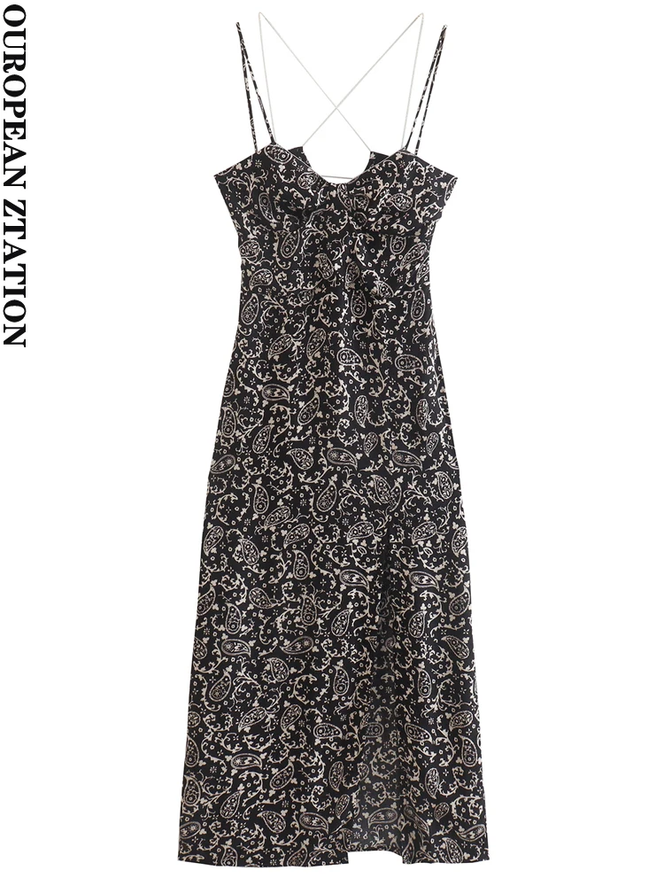 

PAILETE Women 2022 fashion with chains straps print midi dress vintage backless side zipper female dresses vestidos mujer