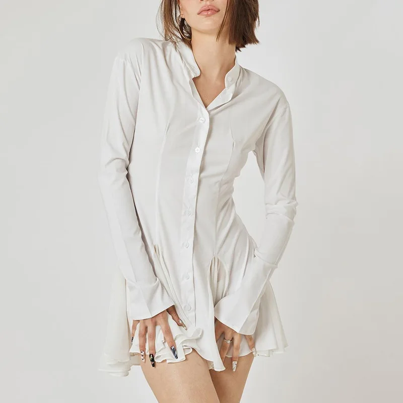 

Women 2022 Spring Newest Elegant Casual Female Shirt Tops Sexy Fashion Ruffle Solid Color Long Sleeve Single Breasted Mini Dress