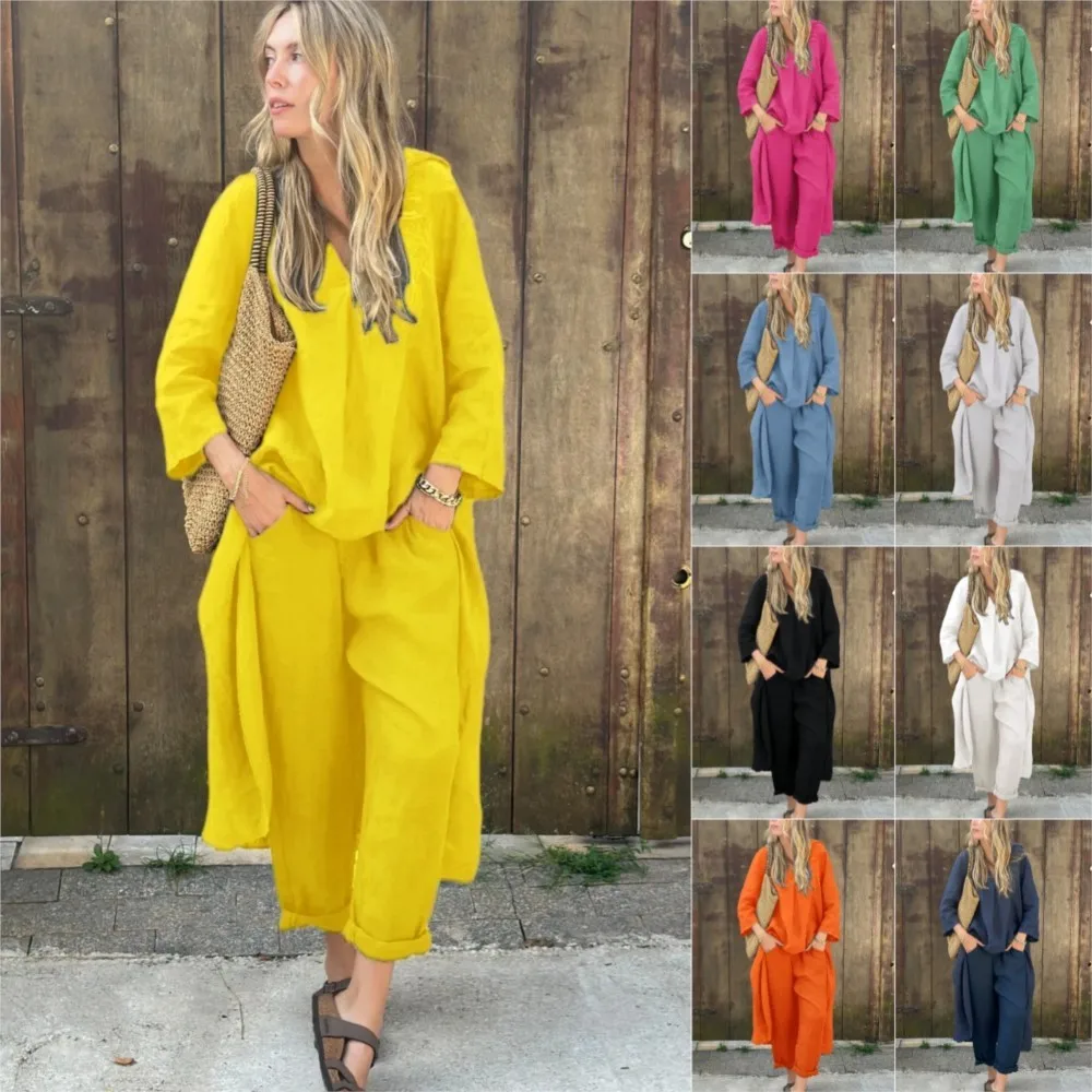 Новые летние модные хлопковые льняные брюки женский комплект из 2 предметов