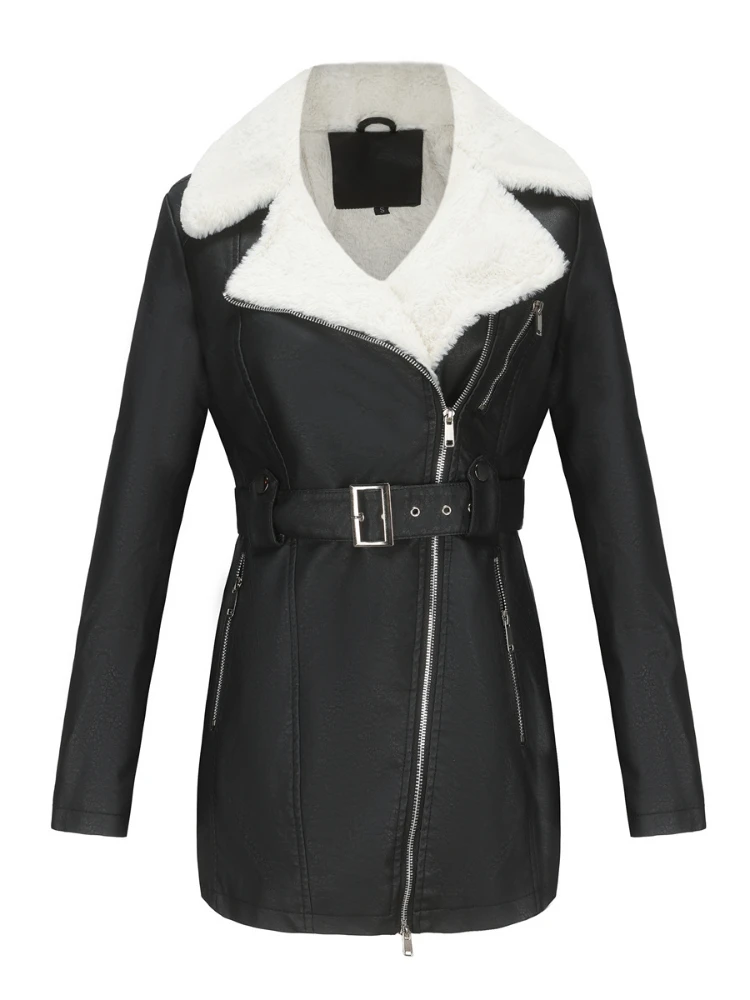 

FTLZZ новое осенне-зимнее женское модное толстое теплое пальто из искусственной кожи с поясом уличная куртка из искусственной овечьей кожи с отворотом мотоциклетная верхняя одежда