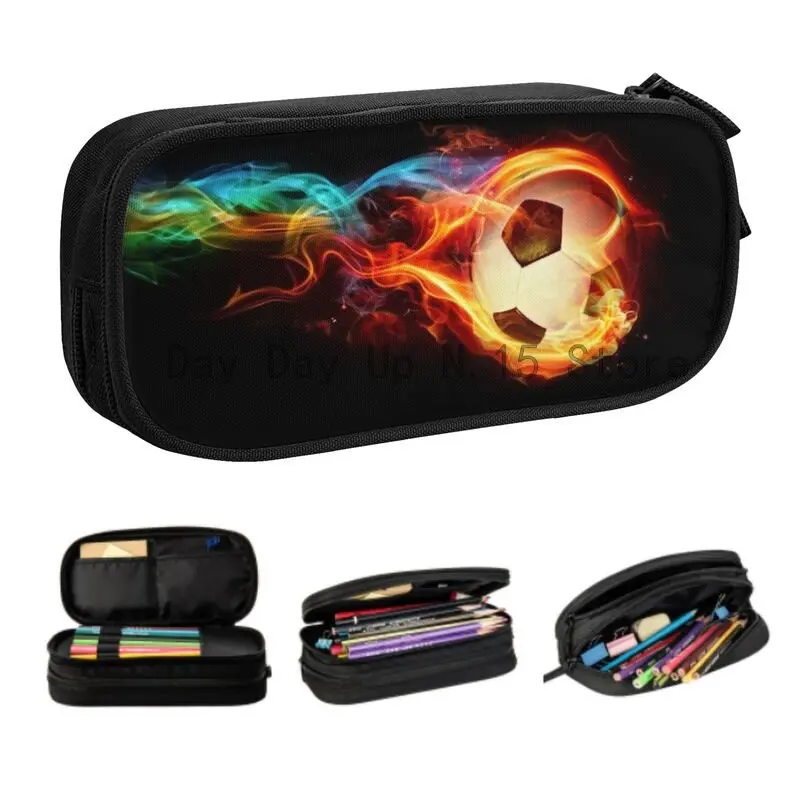 Case For Girls Boys Large Storage Football Flaming Pencil Bag School Supplies