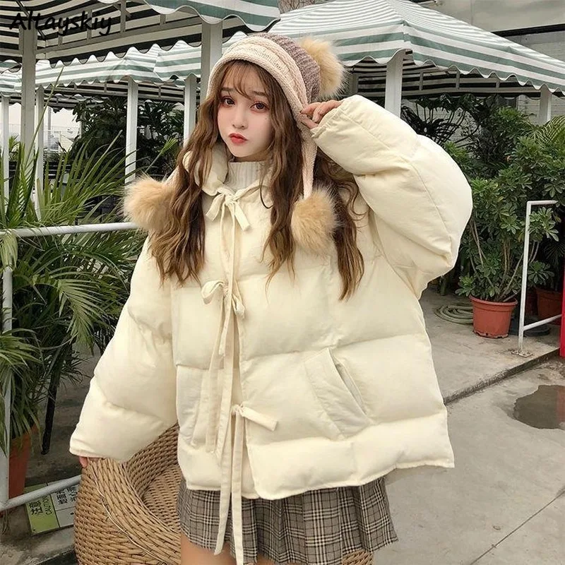 

Parkas Women Winter Coats Harajuku Outerwear Elegant New 2XL Short Style Lace-up Pockets Girls Sweet Casual Fashion Ulzzang Warm