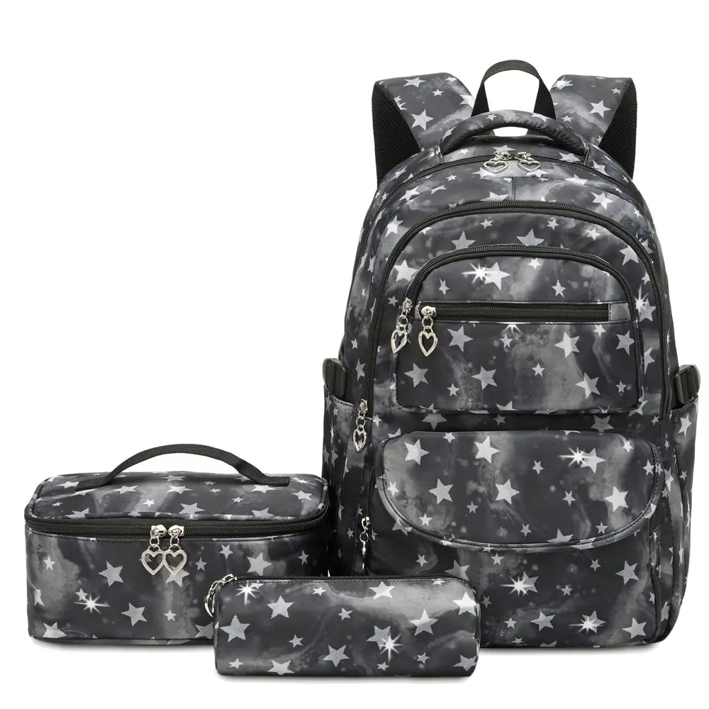 Star Printed Teens Girls Backpack with Lunch Bag and Pencil Case 3pcs ,Waterproof Lightweight Bookbag for Middle School Black