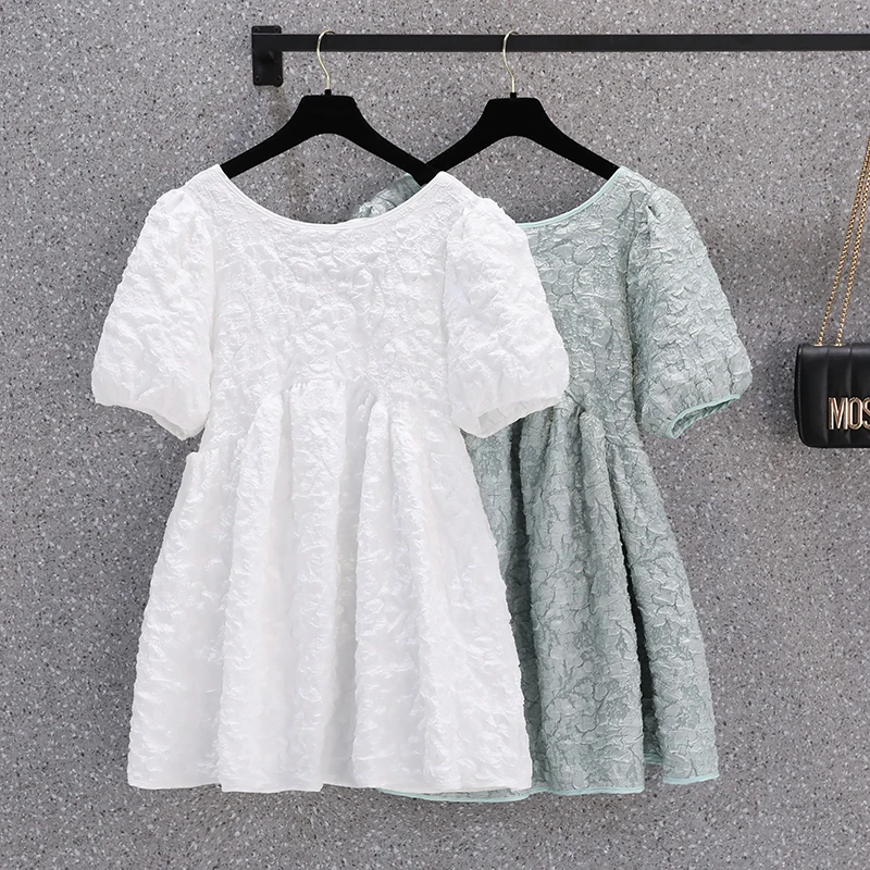 

Свободное однотонное женское платье, Летний Новый дизайн 2021, с круглым вырезом, с пышными рукавами, тонкое элегантное женское платье, одежда...