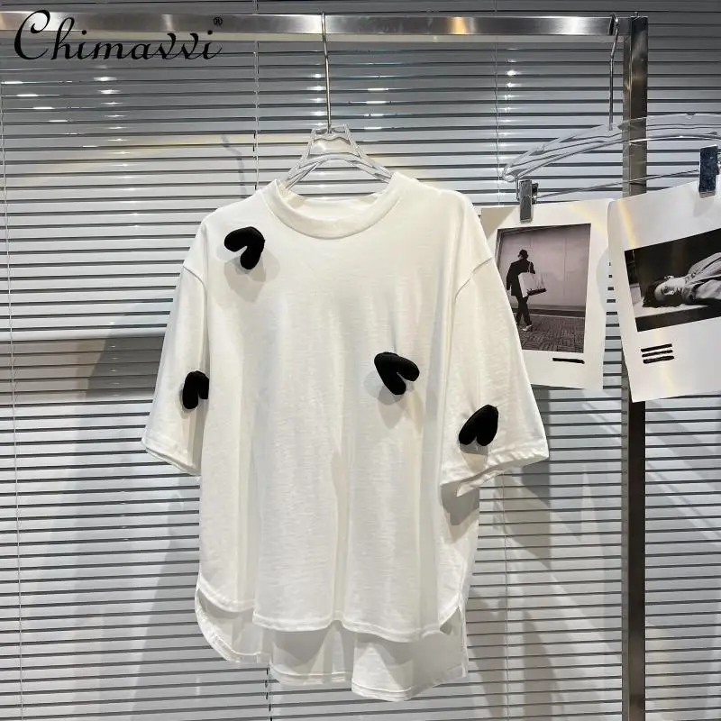 

2022 Spring Clothes New Fashion Three-Dimensional Decoration Irregular Hem Round Neck Top Casual Loose Short Sleeves T-shirt