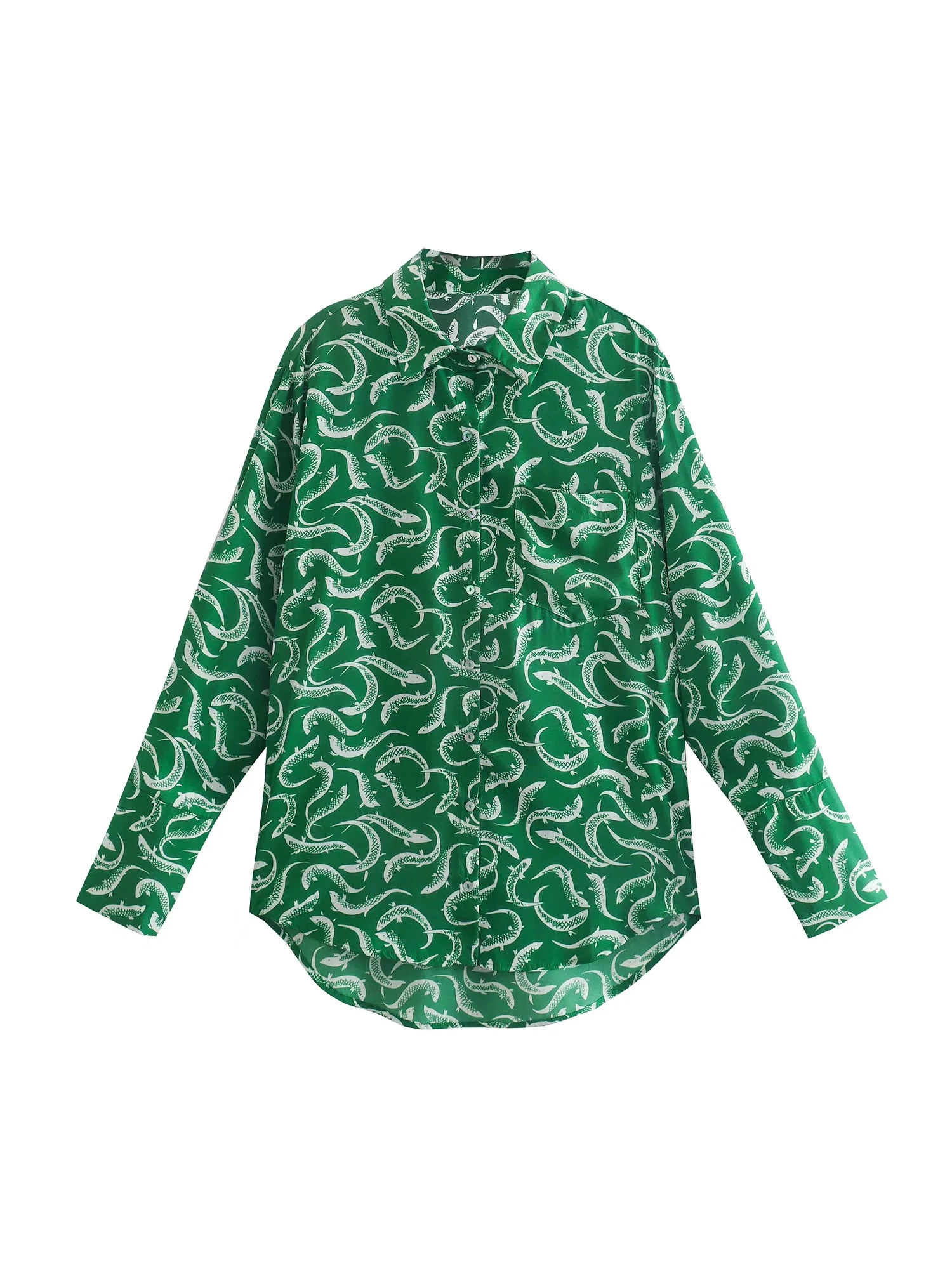 

Elegant Women Green Print Shirt 2022 New Spring Summer Casual Girls Single Breasted Blouse Long Sleeve Streetwear Tops