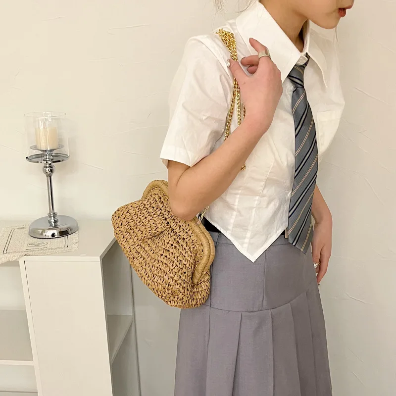 Женский соломенный клатч на застежке модный Дамский кошелек цепочке Пляжная