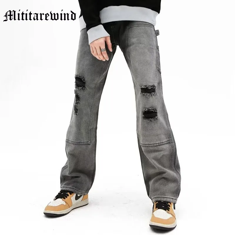 

Hip Hop Ripped Distressed Wash Y2k Streetwear Men Pants High Street Loose Baggy Wide Leg Jeans Straight Destroy Casual Trousrs