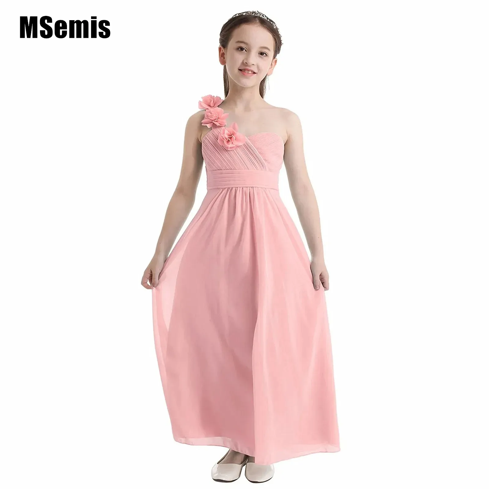 

Kids Girls Cute Chiffon Flower Princess Dress Robe One-Shoulder Long Dress Bridesmaid Vestidos for Party Birthday Wedding
