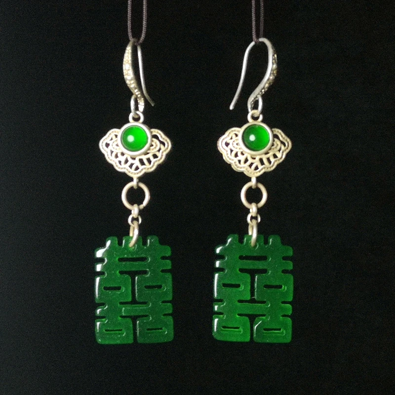 

YIZHU CULTUER ART Collection a Pair 2.6 in Chinese Tibet Silver Jadeite Jade Carving Earring earbob Pendant girl Gift