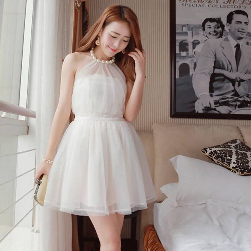 

Summer Fashion Little Black White Mini Dress Pearl Halter Sexy Backless Princess Mesh Dress Sleeveless Fairy Holiday Party Dress