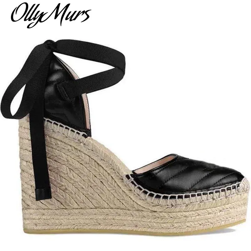 

Ollymurs Shoes Genuine Leather Wedges 10 CM Heel Height Women Ladies Shoes High Heels Handmade Weave Retro Sandals Luxury Brand