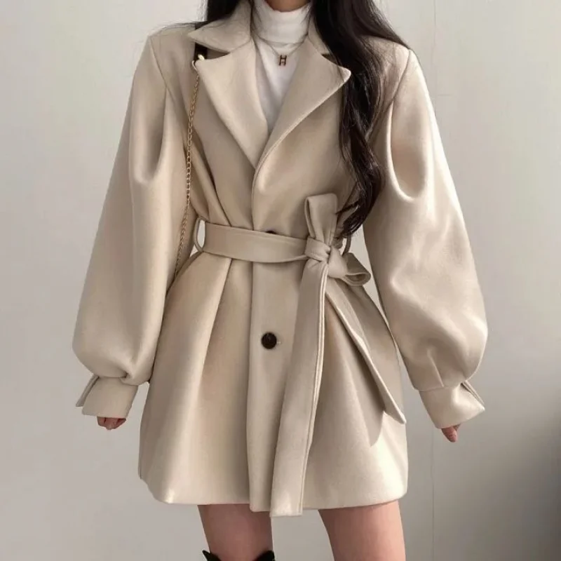 

Women Solid Wool Blend Coat Slim Fit Belt Coats Female Warm Plus Cotton Thicker V-neck Office Lady Elegant Trendy Button Outwear