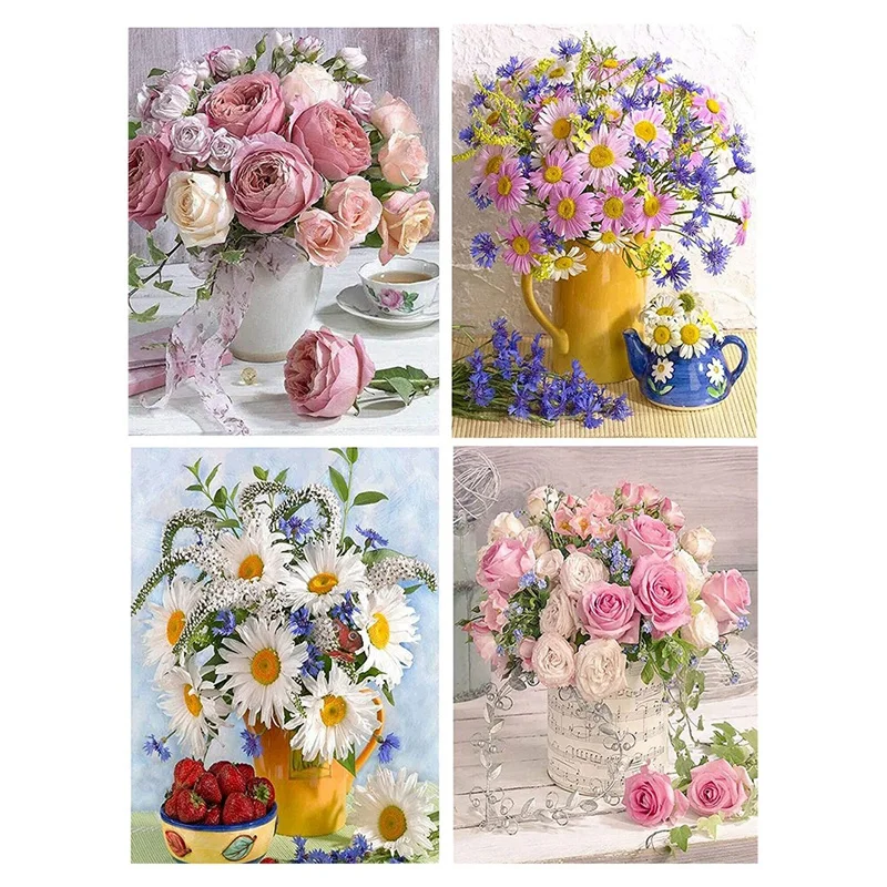 

HOT-4-Pack DIY Flower Art Full Diamond Round Diamond Painting Set Home Wall Decor 30X40cm