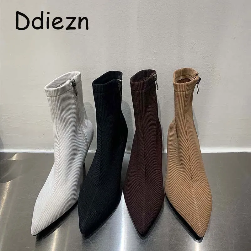 

Stretch Boots Ladies Thin High Heels Autumn Winter Casual Fashion Women Ankle Boots Elastic Shoes Female Zipper Footwear