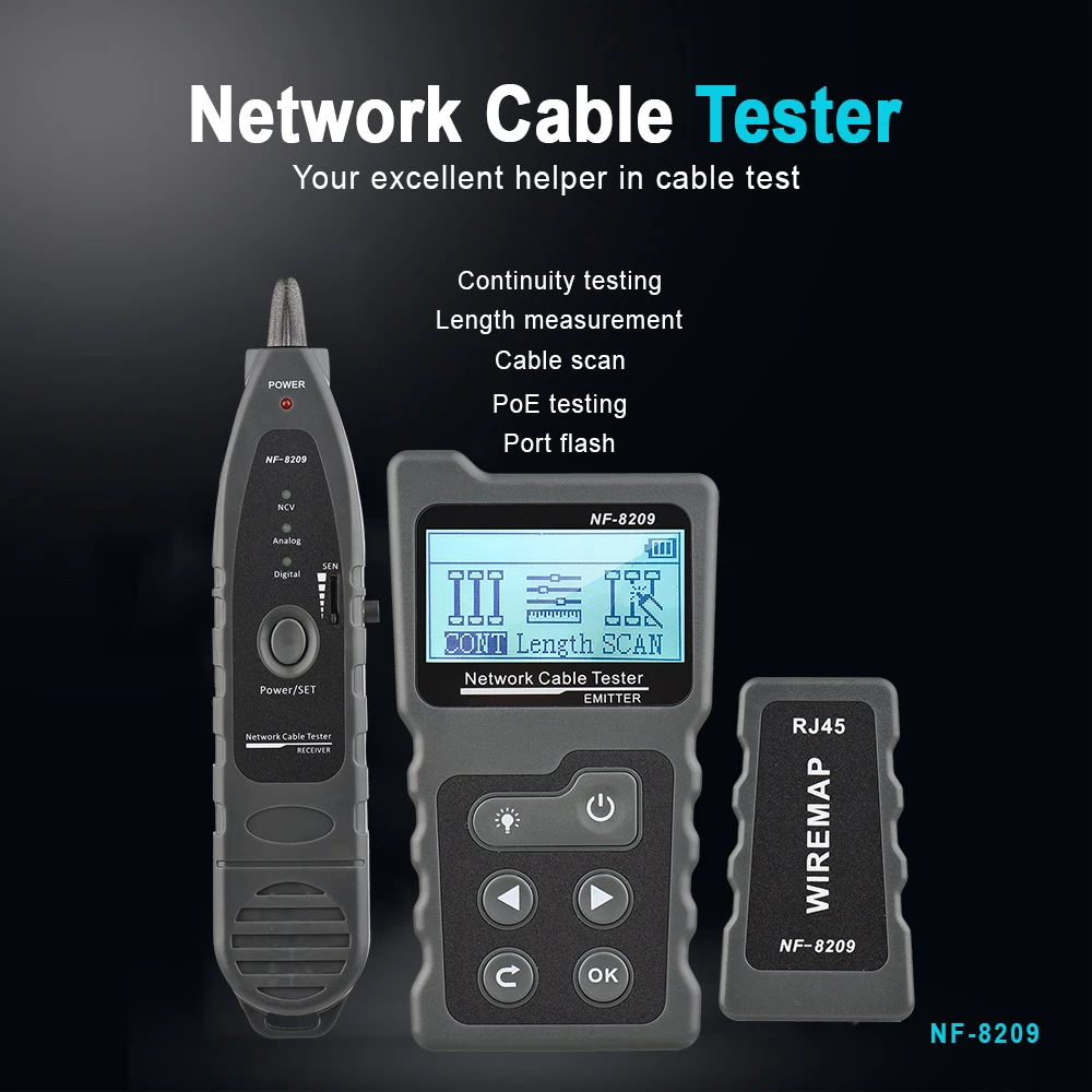 

NF-8209 LCD Network Cable Tester Wire Tracker PoE Checker Inline PoE Voltage and Current Tester with Cable Tester Illuminate