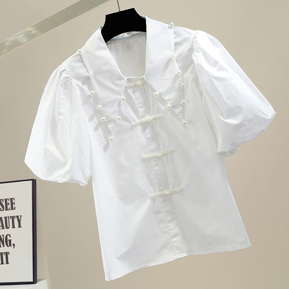 

Summer White Pearls Top Ladies 2022 New Court Style Chic Woman Office Doll Collar Short Puff Sleeve Button Up Women's Shirts