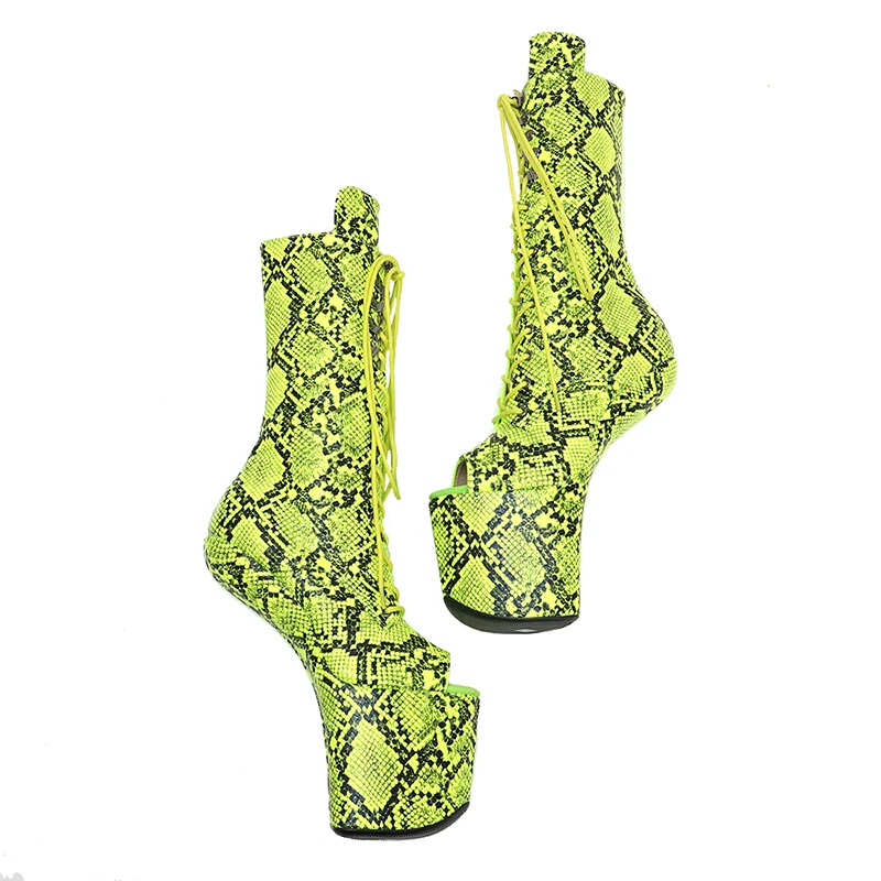 Leecabe Green Snake PU Upper Platform Open Toe  Boots Sexy Exotic heelless pole dance shoes