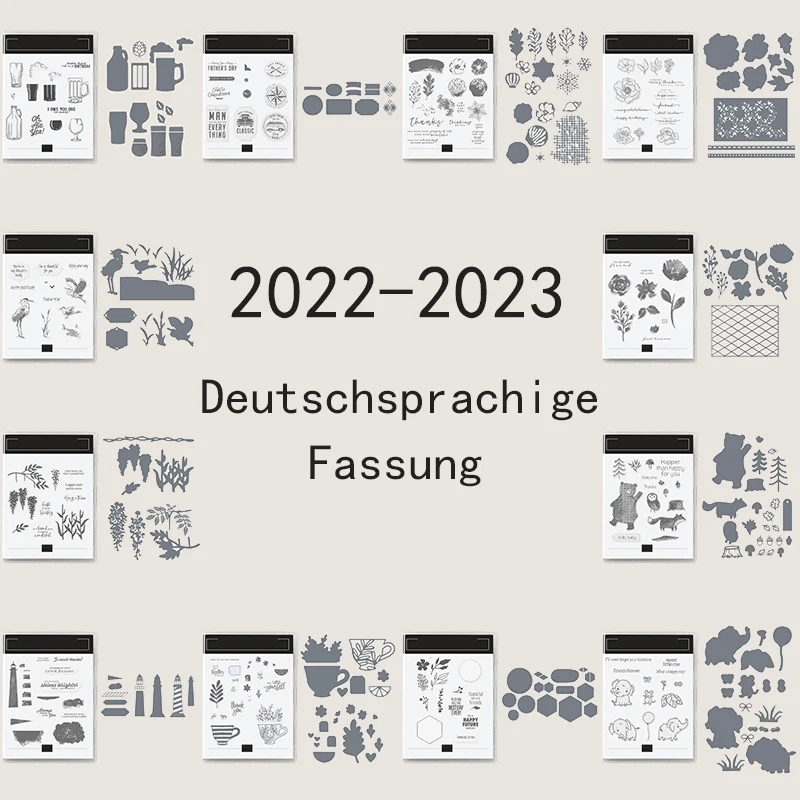 

2022 July to December New German Word Pattern Clear Stamps and Metal Cutting Dies Set For DIY Making Greeting Card Scrapbooking