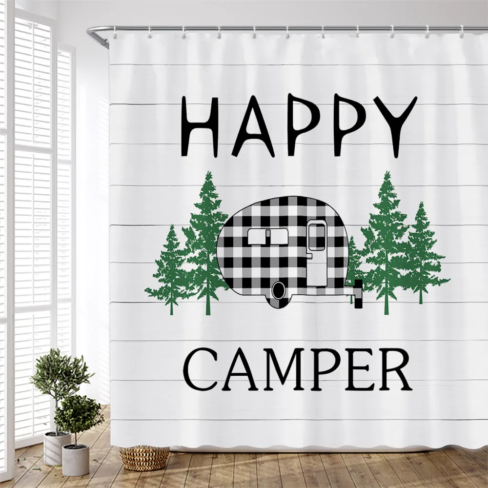 

Занавеска для душа Happy RV в черно-белую клетку с изображением мультяшных деревьев, ткань для жилого дома, штора из полиэстера с крючками