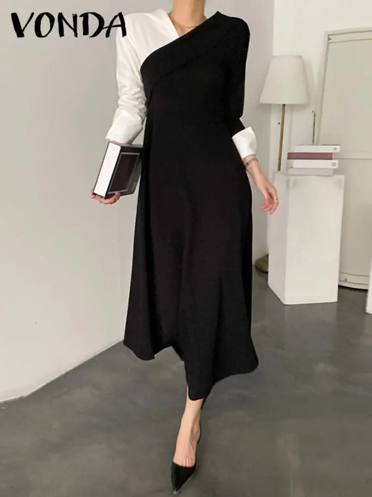 

VONDA Women Fashion Maxi Dress 2023 Long Sleeve Elegant Sexy V Neck Sundress Color Patchwork Casual Loose Party Vestidos Robe