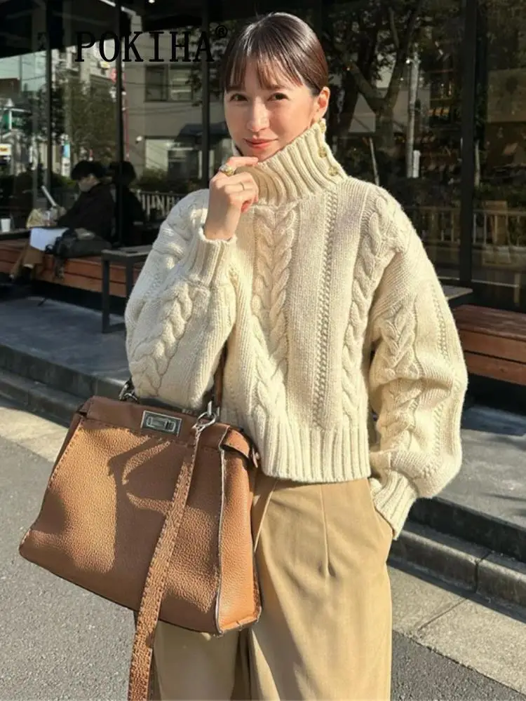 

Pokiha Fashion Women New Casual Thick Warm Loose Cropped Knit Sweater Vintage Turtleneck Long Sleeve Female Pullovers Chic Tops