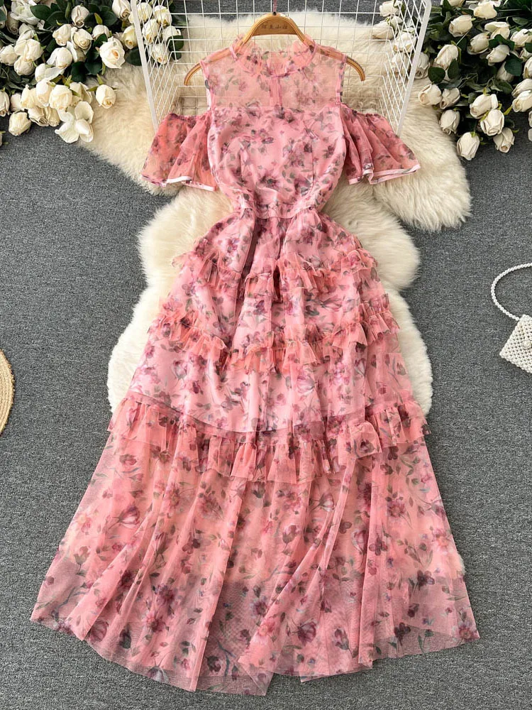 

Summer French Floral Pink Fairy Mesh Off Shoulder Dress Long Waist Cute Sweet Print Pleated Layered Vestidos Women D1143