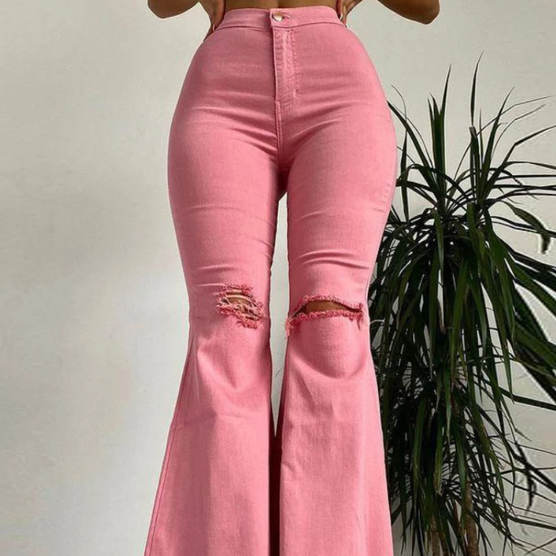 

2023 Spring and Summer Women's Jeans, Butt-lifting, Ripped, Raw Edge Flared Pants, Colorful High-stretch Women's Denim Trousers