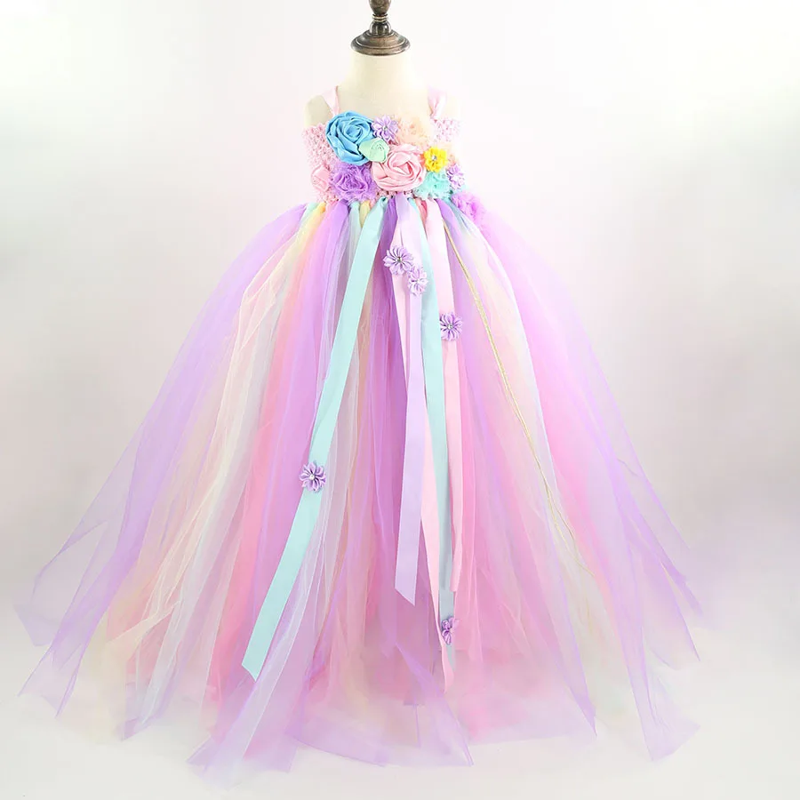 Girls Pastel Unicorn Flower Tutu Dress Kids Crochet Tulle Strap Ball Gown with Daisy Ribbons Children Party Costume |