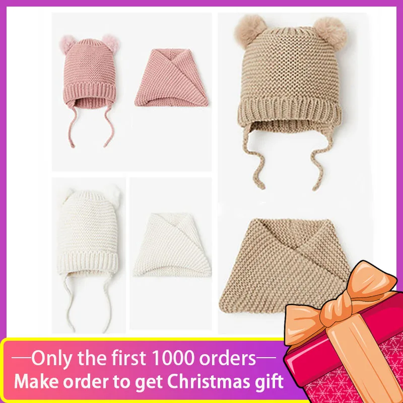 

2021 newborn baby girl and baby boy child children spring autumn winter Solid knitted hat and knitted infinity scarf sets 6M-4T