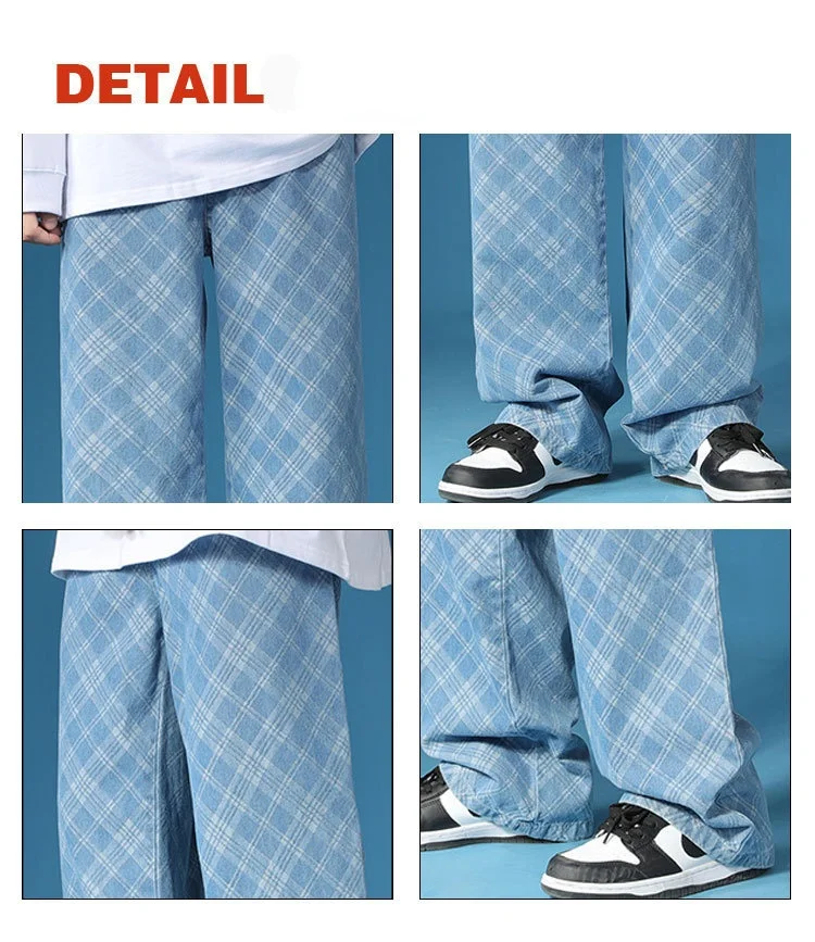Original Retro Jacquard Plaid Casual Versatile Straight Loose Jeans Men's Brand Clothing Trousers Couple Pants Trend Streetwear