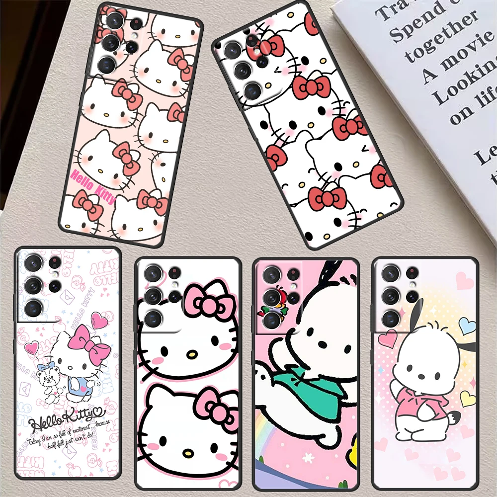 

Cartoon Girl Hello Kitty Cute For Samsung S23 S22 S21 S20 FE Ultra Pro Lite S10 S10E S9 Plus 5G Soft Black Phone Case Cover