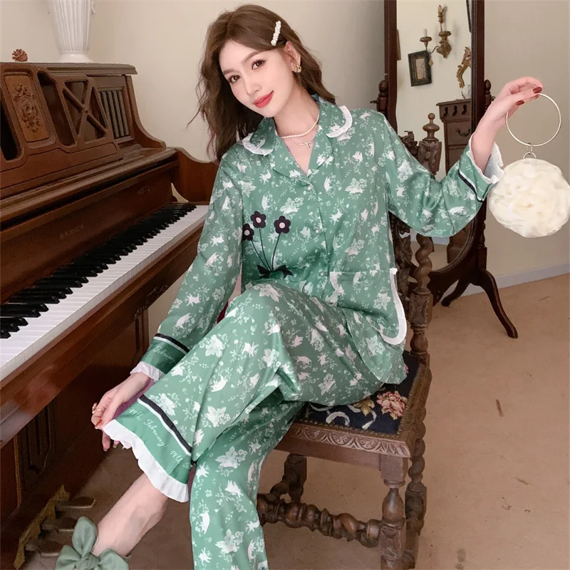 2023 Spring and Autumn New Artificial Silk Women's Pajamas Suit Women's Long-Sleeved Trousers Festive Flower Cardigan Homewear