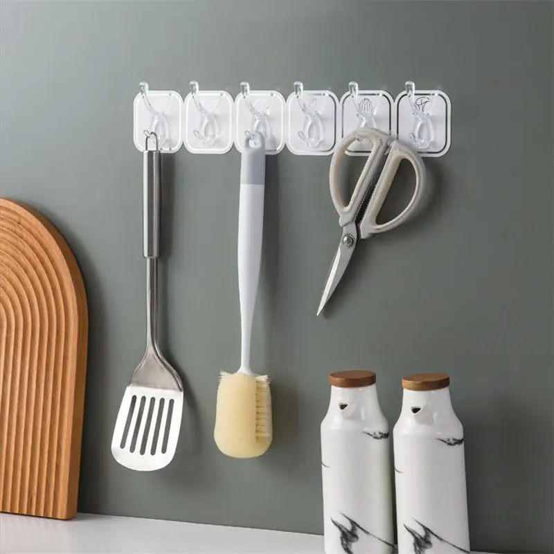 

6 Row Self-adhesive Hooks Water-proof Punch-free Multi-purpose Organizer Hooks Home Kitchen Bathroom Door Back Storage Hooks
