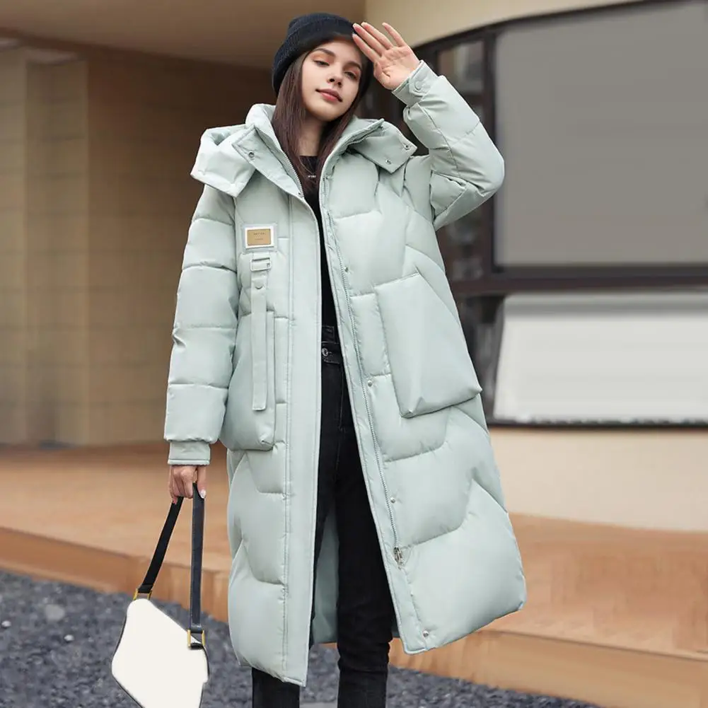 Женское пальто средней длины ветрозащитное зимнее пуховое с капюшоном