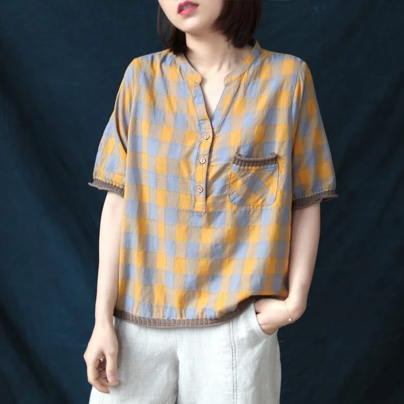 

Cotton literature and art casual loose V stand neck patchwork plaid cotton linen shirt women short sleeve t shirt female tops
