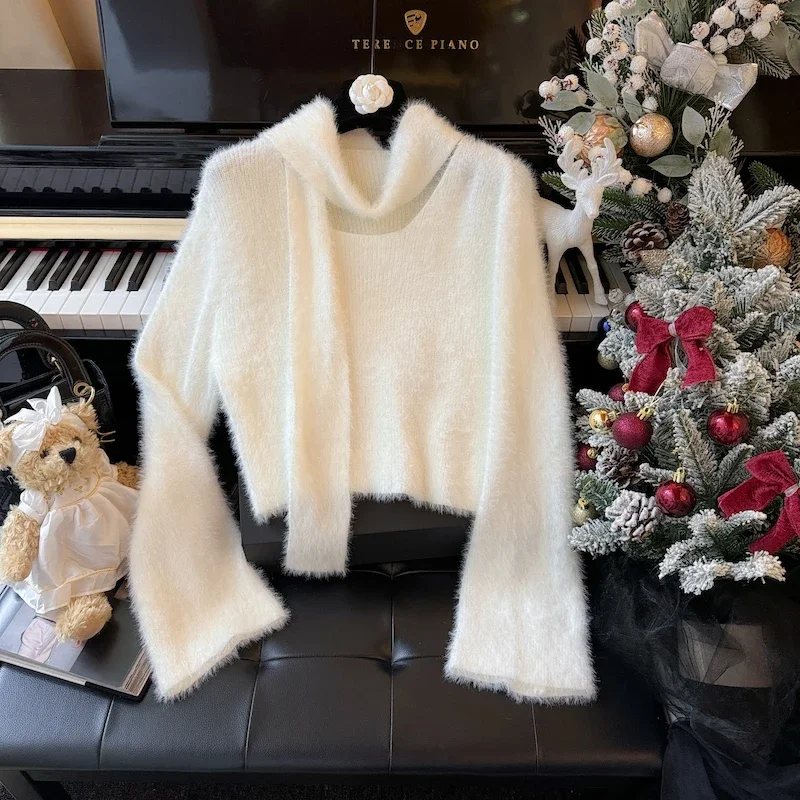 Bomon 2024 осенне-зимний французский нежный свитер с круглым вырезом и длинными