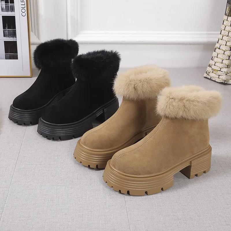 AIYUQI Snow Boots Women 2023 New Winter Fur Ankle Boots Women Plus Fleece Platform Warm English Style Chelsea Boots Shoes Women