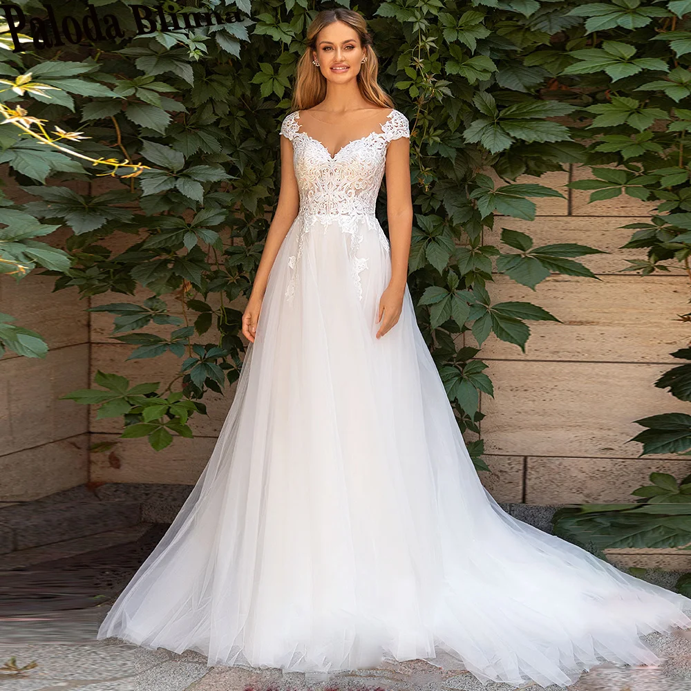 

Paloda Simple Scoop Button Wedding Gown For Bride A-LINE Off The Shoulder Illusion Tulle Court Train Vestido De Casamento