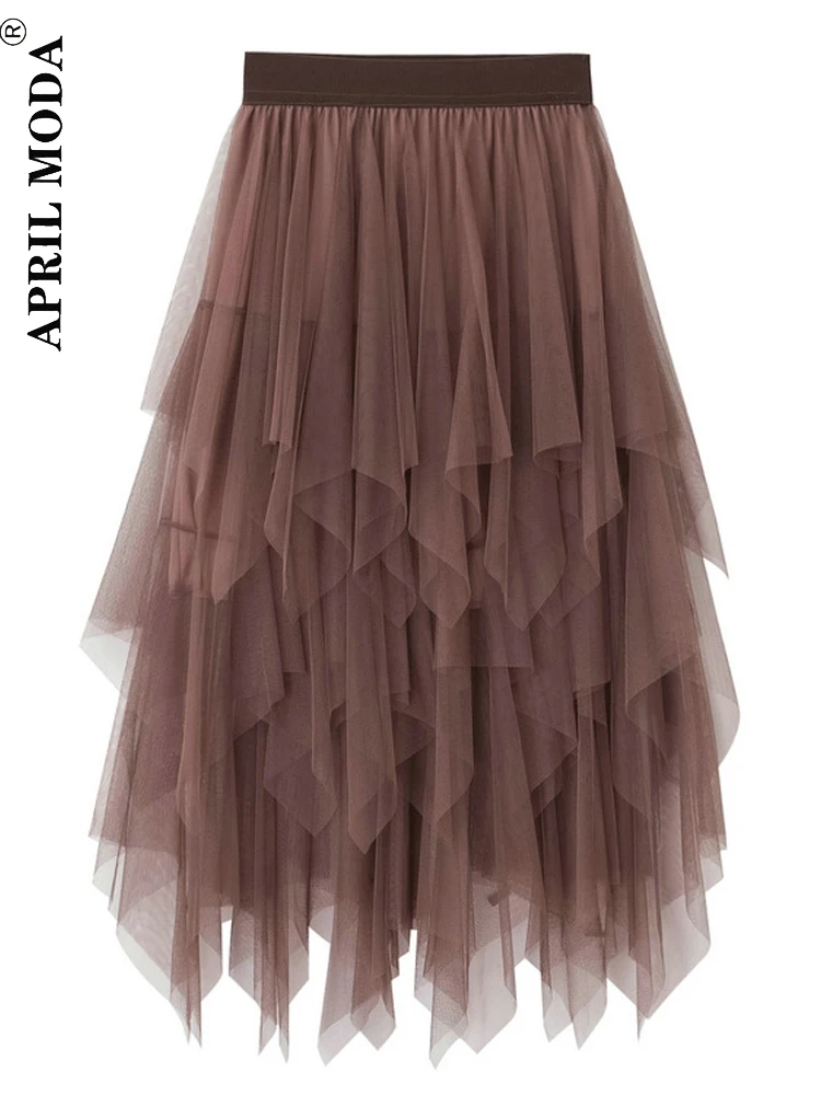 

2022 Autumn Sweet Irregular Mesh A-line Fluffy Long Skirt Tutu Tulle High Waist Aesthetic Solid Ruffle Cake Long Tulle Skirts