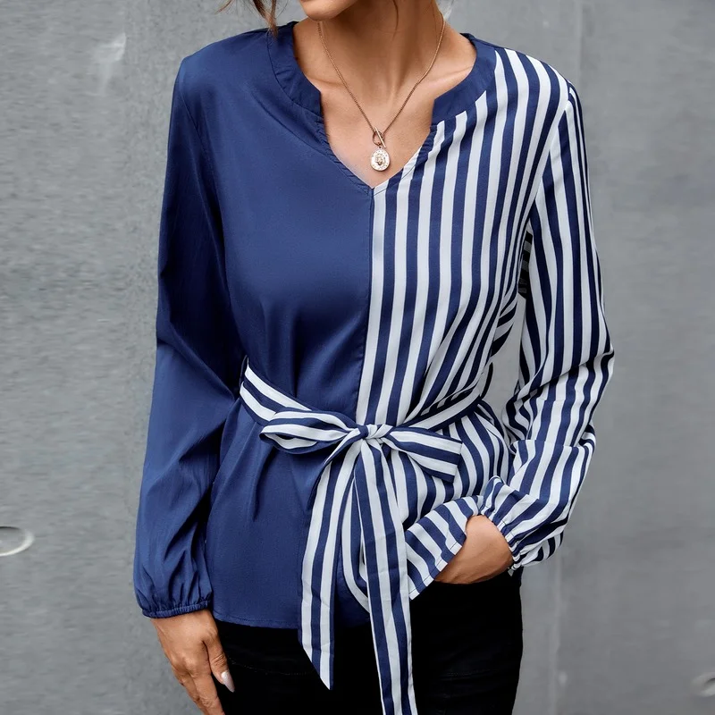 

Fashion Elegant Striped Shirts Women V-Neck Bandage Casual Commute Tops Spring Autumn Streetwear Blue White Flare Sleeve Tees