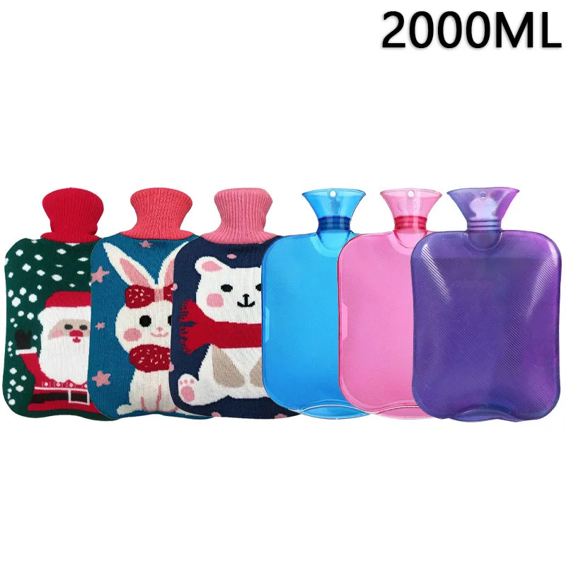 

2000ML PVC Large Hot Water Bag With Removable Knitted Protective Case Winter Safe Warm Cover For Christmas Elk Kids Gift