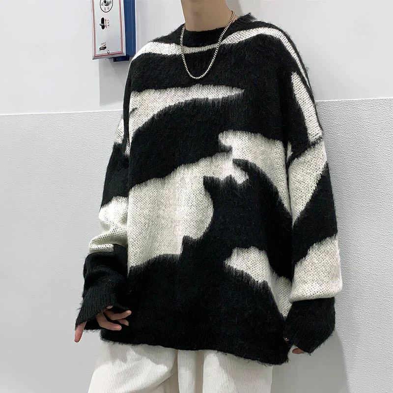 

2022 Autumn Winter New Men Sweater Black White Block Streetwear Men Tie Dye Casual Pullover Harajuku High Street Top