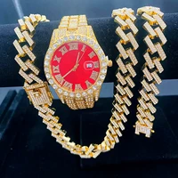hip hop men chain 15mm miami cuban chain iced out paved rhinestones cz bling rapper gold necklace watch bracelet jewelry for men