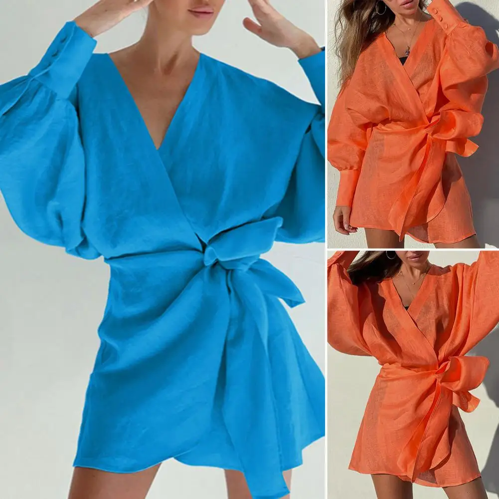 

Wrap V-neck Lantern Sleeve Waist Tight Irregular Hem Mini Dress Elegant Waist Lace-Up Thin Autumn Dress Female Clothing
