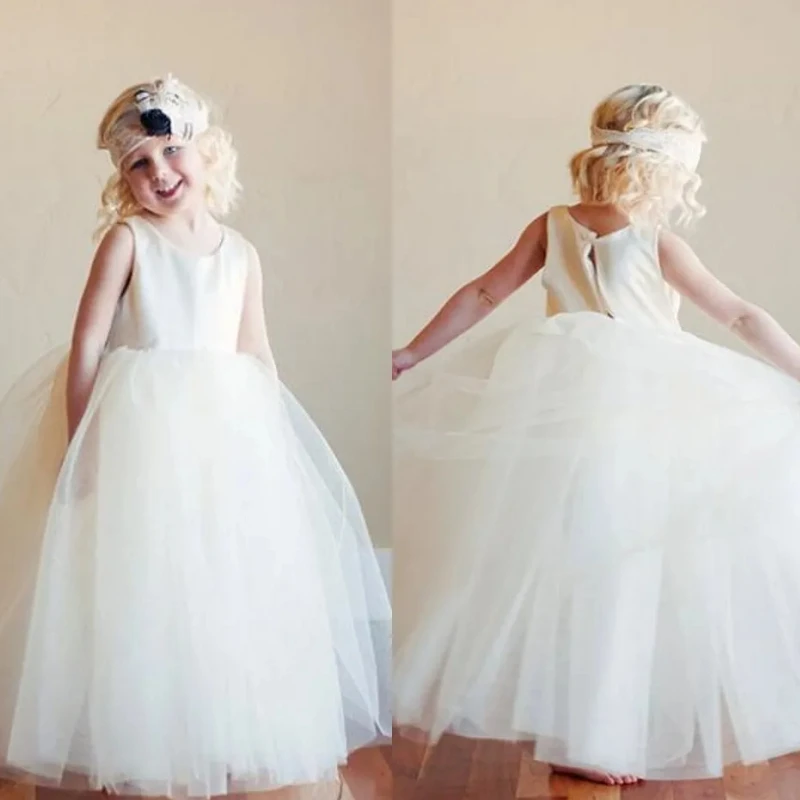 

Flower Girl Dresses Simple Ivory Puffy Tulle Sleeveless Jewel Neck For Wedding Birthday Party Holy Communion Gowns