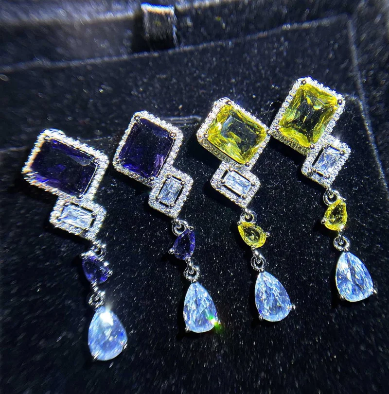 

ANGLANG Creative Hanging Earrings with Purple/Yellow Shiny CZ Stone Luxury Wedding Earrings for Women Fashion Jewelry