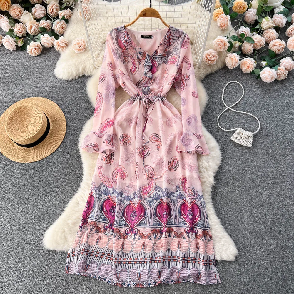 

French Court Lace Dress Women Spring V Neck Long Sleeve Sweet Princess Floral Print Elegant Party Vestidos De Verano Mujer J049